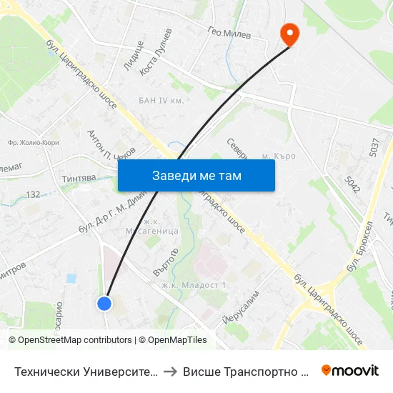 🎓🏥 Технически Университет / Technical University (1740) to Висше Транспортно Училище Тодор Каблешков map