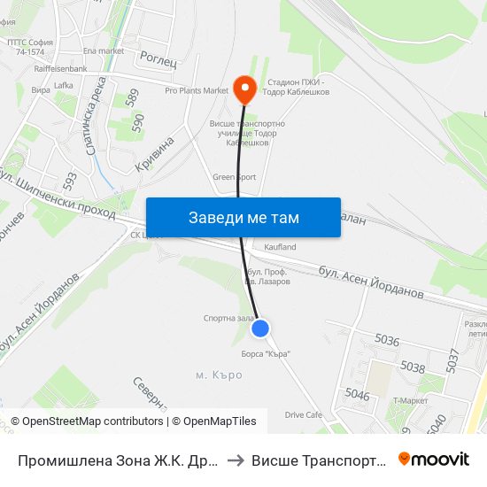 Промишлена Зона Ж.К. Дружба 1 / Industrial Zone Druzhba 1 Qr. (2724) to Висше Транспортно Училище Тодор Каблешков map