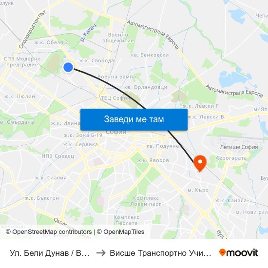 Ул. Бели Дунав / Beli Dunav St. (1838) to Висше Транспортно Училище Тодор Каблешков map