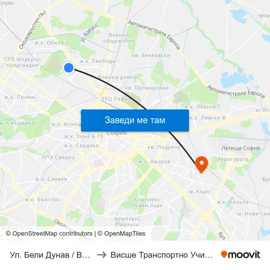 Ул. Бели Дунав / Beli Dunav St. (1838) to Висше Транспортно Училище Тодор Каблешков map