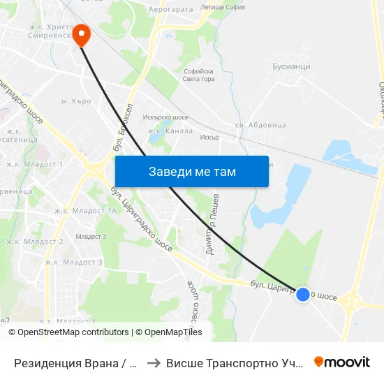 Резиденция Врана / Vrana Residence (1466) to Висше Транспортно Училище Тодор Каблешков map