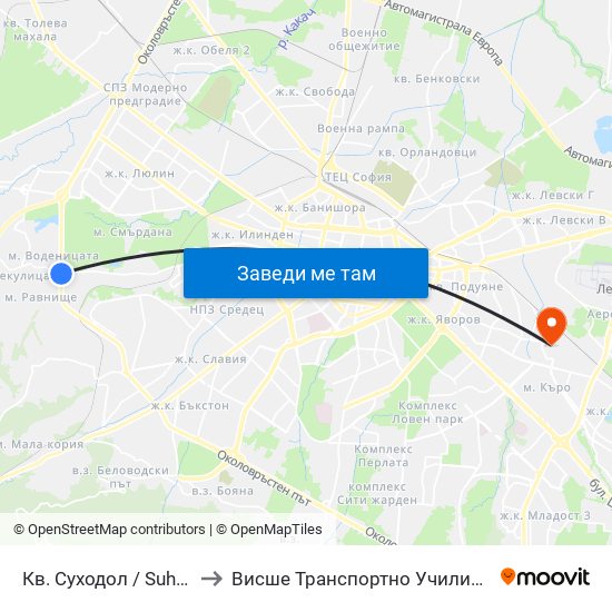 Кв. Суходол / Suhodol Qr.  (1173) to Висше Транспортно Училище Тодор Каблешков map