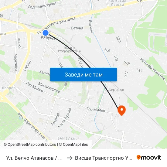 Ул. Велчо Атанасов / Velcho Atanasov St. (1865) to Висше Транспортно Училище Тодор Каблешков map