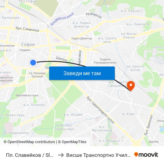 Пл. Славейков / Slaveykov Sq. (1909) to Висше Транспортно Училище Тодор Каблешков map