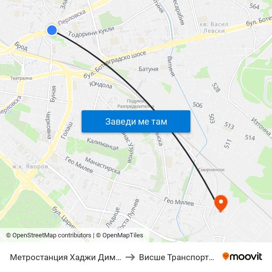 Метростанция Хаджи Димитър / Hadzhi Dimitar Metro Station (0303) to Висше Транспортно Училище Тодор Каблешков map