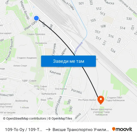 109-То Оу / 109-Th School (0119) to Висше Транспортно Училище Тодор Каблешков map