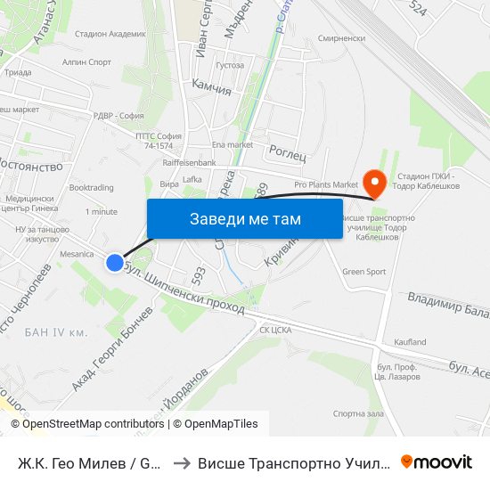 Ж.К. Гео Милев / Geo Milev Qr. (0595) to Висше Транспортно Училище Тодор Каблешков map