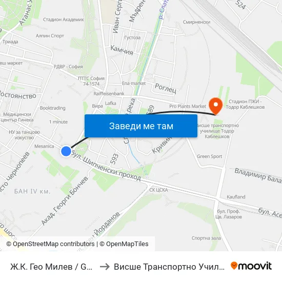 🚌🎓 Ж.К. Гео Милев / Geo Milev Qr. (0595) to Висше Транспортно Училище Тодор Каблешков map