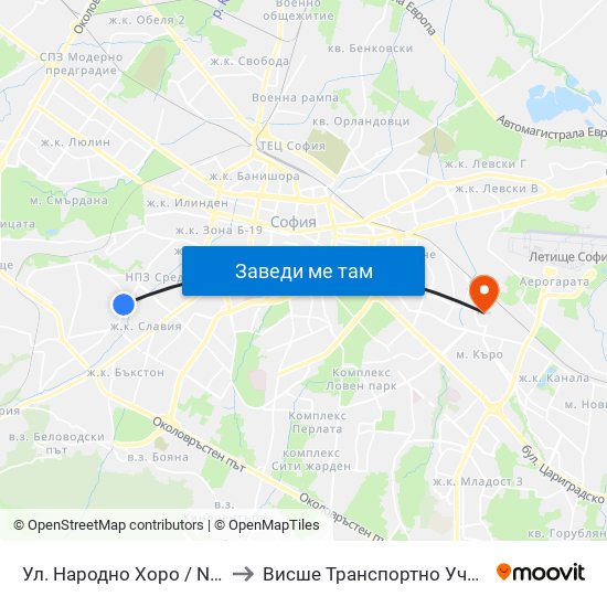 Ул. Народно Хоро / Narodno Horo St. (2057) to Висше Транспортно Училище Тодор Каблешков map