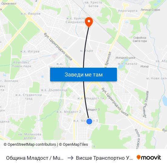 Община Младост / Municipality Of Mladost (0947) to Висше Транспортно Училище Тодор Каблешков map