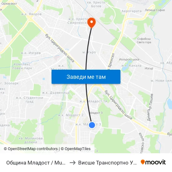Община Младост / Municipality Of Mladost (0947) to Висше Транспортно Училище Тодор Каблешков map