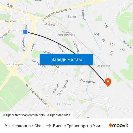 Ул. Черковна / Cherkovna St. (2258) to Висше Транспортно Училище Тодор Каблешков map