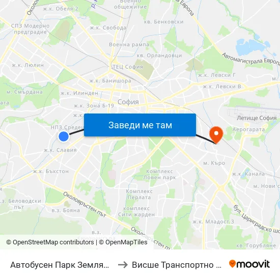 Автобусен Парк Земляне / Zemlyane Bus Depot (0080) to Висше Транспортно Училище Тодор Каблешков map