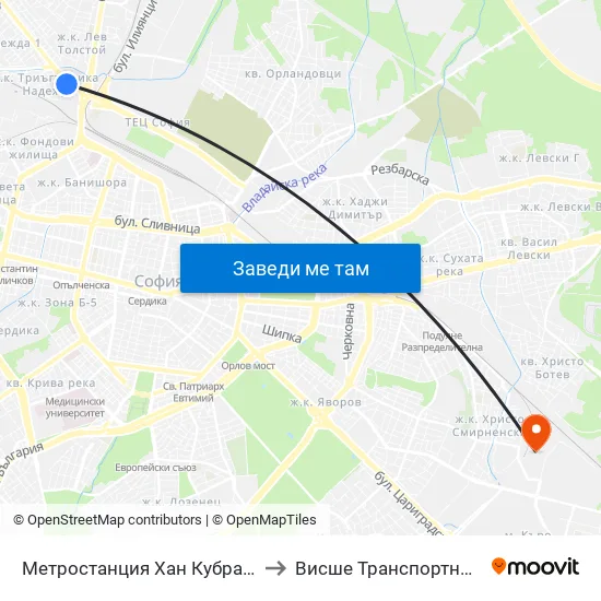 Ⓜ️ Метростанция Хан Кубрат / Khan Kubrat Metro Station (2477) to Висше Транспортно Училище Тодор Каблешков map