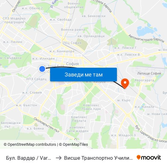 Бул. Вардар / Vardar Blvd. (0293) to Висше Транспортно Училище Тодор Каблешков map