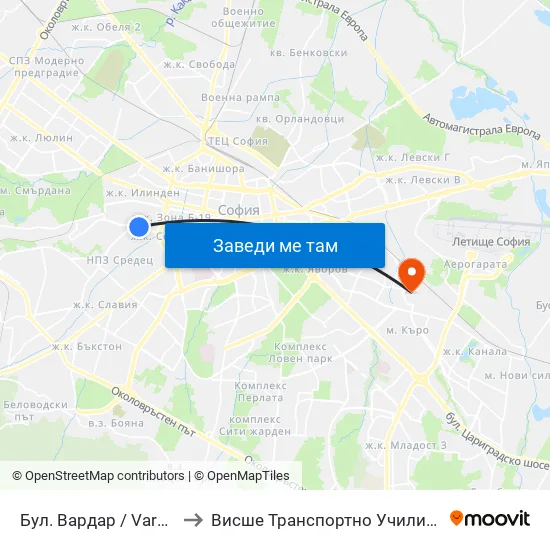 Бул. Вардар / Vardar Blvd. (0293) to Висше Транспортно Училище Тодор Каблешков map
