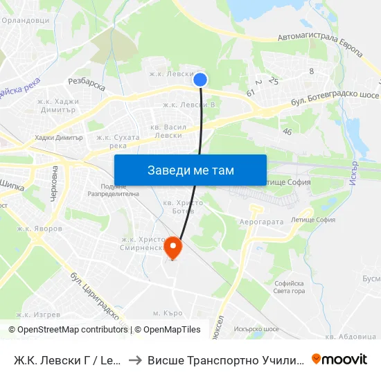 Ж.К. Левски Г / Levski G Qr (0646) to Висше Транспортно Училище Тодор Каблешков map
