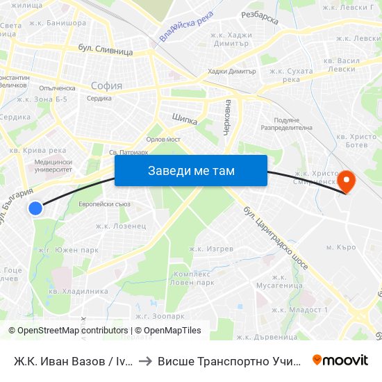 Ж.К. Иван Вазов / Ivan Vazov Qr. (0625) to Висше Транспортно Училище Тодор Каблешков map