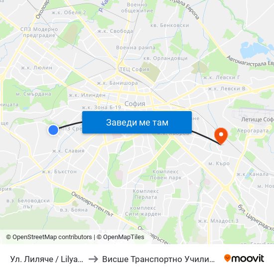 Ул. Лиляче / Lilyache St. (2029) to Висше Транспортно Училище Тодор Каблешков map