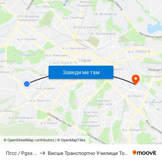 Пгсс / Pgss (1567) to Висше Транспортно Училище Тодор Каблешков map