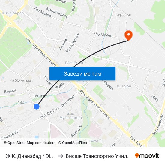 Ж.К. Дианабад / Dianabad Qr. (0630) to Висше Транспортно Училище Тодор Каблешков map