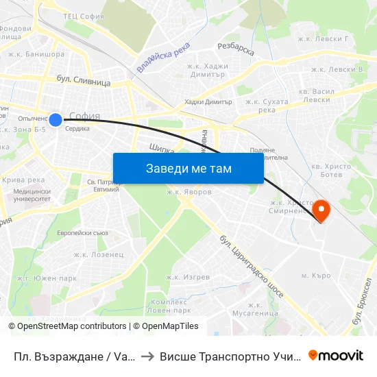 Пл. Възраждане / Vazrazhdane Sq. (1271) to Висше Транспортно Училище Тодор Каблешков map