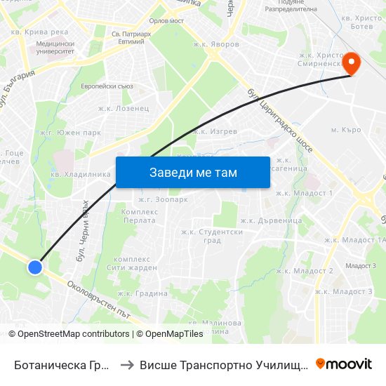 🌵 Ботаническа Градина / Botanical Garden (2685) to Висше Транспортно Училище Тодор Каблешков map