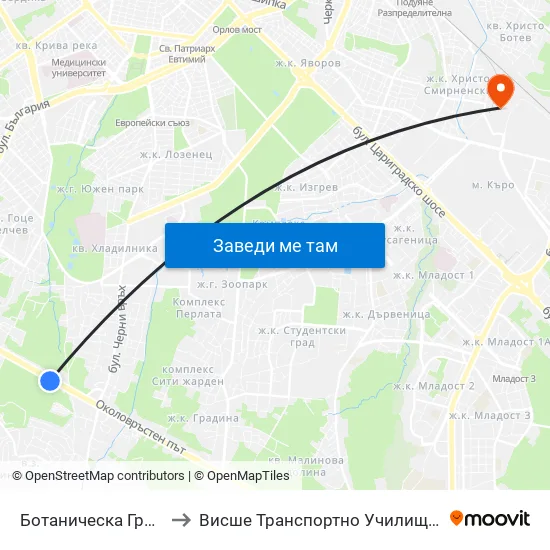 🌵 Ботаническа Градина / Botanical Garden (2685) to Висше Транспортно Училище Тодор Каблешков map