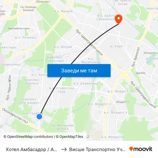 Хотел Амбасадор / Ambassador Hotel (0658) to Висше Транспортно Училище Тодор Каблешков map