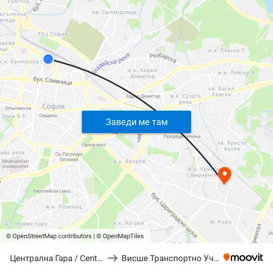 Ⓜ️ Централна Гара / Central Railway Station (1329) to Висше Транспортно Училище Тодор Каблешков map