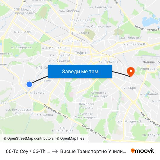 66-То Соу / 66-Th School (0041) to Висше Транспортно Училище Тодор Каблешков map