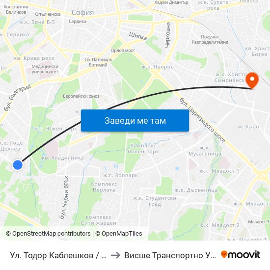 Ул. Тодор Каблешков / Todor Kableshkov St. (0601) to Висше Транспортно Училище Тодор Каблешков map