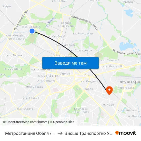 Ⓜ️ Метростанция Обеля / Obelya Metro Station (0059) to Висше Транспортно Училище Тодор Каблешков map