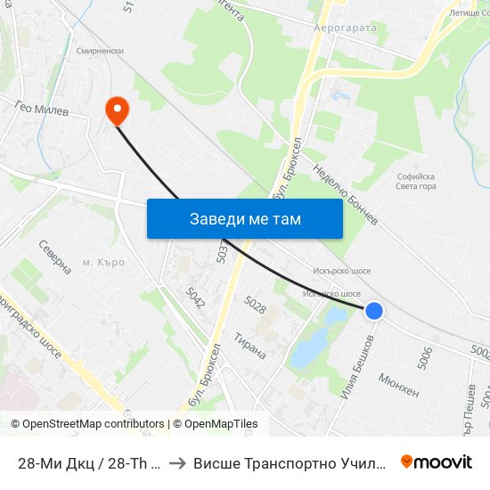 28-Ми Дкц / 28-Th Polyclinic (0025) to Висше Транспортно Училище Тодор Каблешков map