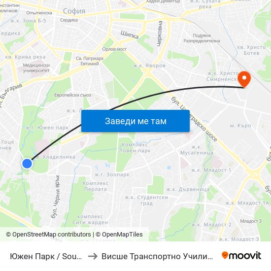 Южен Парк / South Park (0860) to Висше Транспортно Училище Тодор Каблешков map