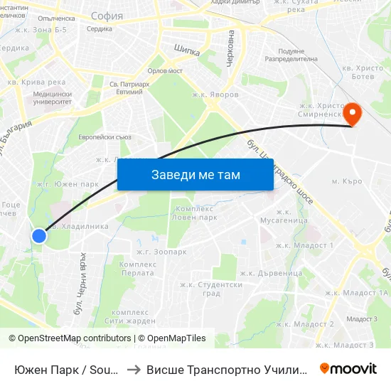 Южен Парк / South Park (0860) to Висше Транспортно Училище Тодор Каблешков map