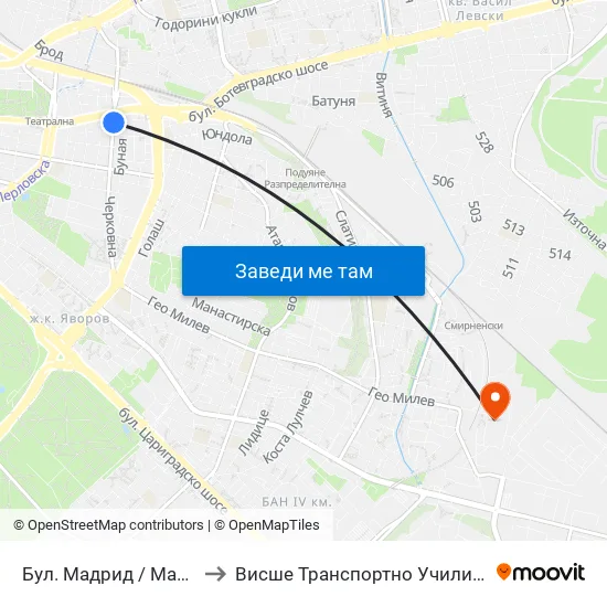 Бул. Мадрид / Madrid Blvd. (0338) to Висше Транспортно Училище Тодор Каблешков map