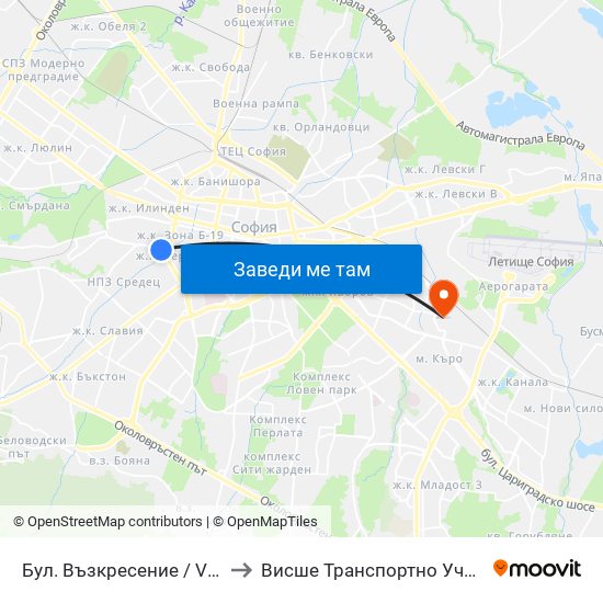 Бул. Възкресение / Vazkresenie Blvd. (0304) to Висше Транспортно Училище Тодор Каблешков map