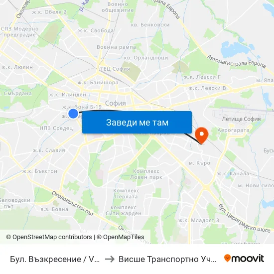 Бул. Възкресение / Vazkresenie Blvd. (0304) to Висше Транспортно Училище Тодор Каблешков map