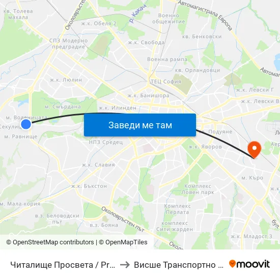 Читалище Просвета / Prosveta Community Centre (0943) to Висше Транспортно Училище Тодор Каблешков map