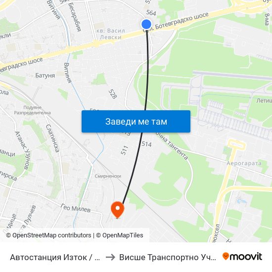Автостанция Изток / Iztok Bus Station (2428) to Висше Транспортно Училище Тодор Каблешков map