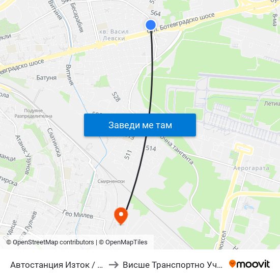 🚌 Автостанция Изток / Iztok Bus Station (2428) to Висше Транспортно Училище Тодор Каблешков map