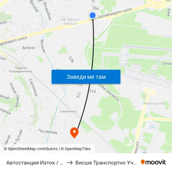 🚌 Автостанция Изток / Iztok Bus Station (2428) to Висше Транспортно Училище Тодор Каблешков map