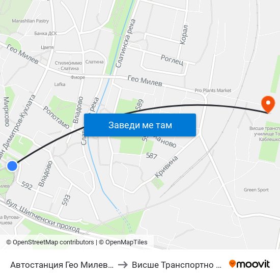 🚌 Автостанция Гео Милев / Geo Milev Bus Station (0053) to Висше Транспортно Училище Тодор Каблешков map