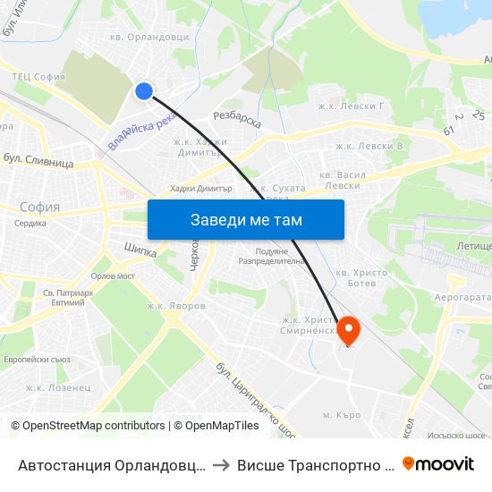 Автостанция Орландовци / Orlandovtsi Bus Station (0062) to Висше Транспортно Училище Тодор Каблешков map