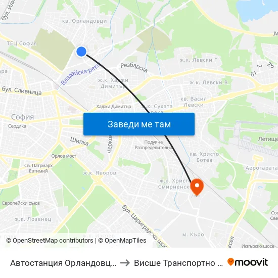🚌 Автостанция Орландовци / Orlandovtsi Bus Station (0062) to Висше Транспортно Училище Тодор Каблешков map