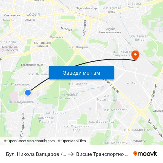 Бул. Никола Вапцаров / Nikola Vaptsarov Blvd. (0341) to Висше Транспортно Училище Тодор Каблешков map