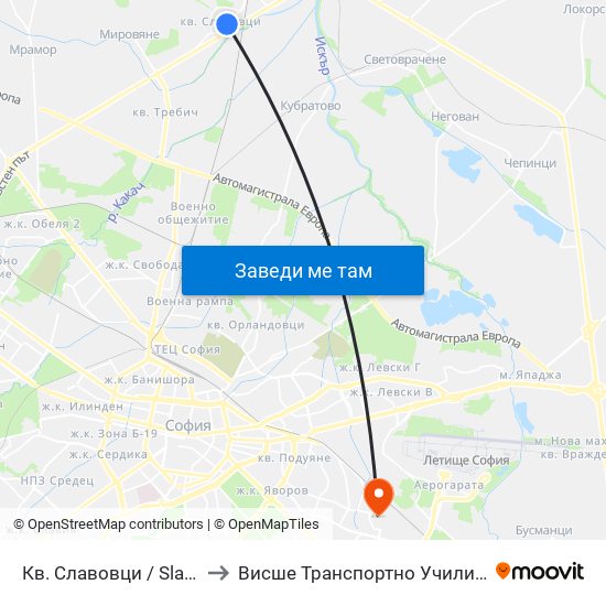Кв. Славовци / Slavovtsi Qr. (0904) to Висше Транспортно Училище Тодор Каблешков map