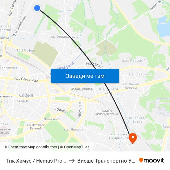 Тпк Хемус / Hemus Productive Cooperation (1761) to Висше Транспортно Училище Тодор Каблешков map