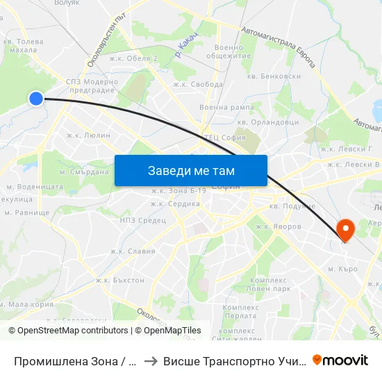 👋 Промишлена Зона / Industrial Zone (1686) to Висше Транспортно Училище Тодор Каблешков map